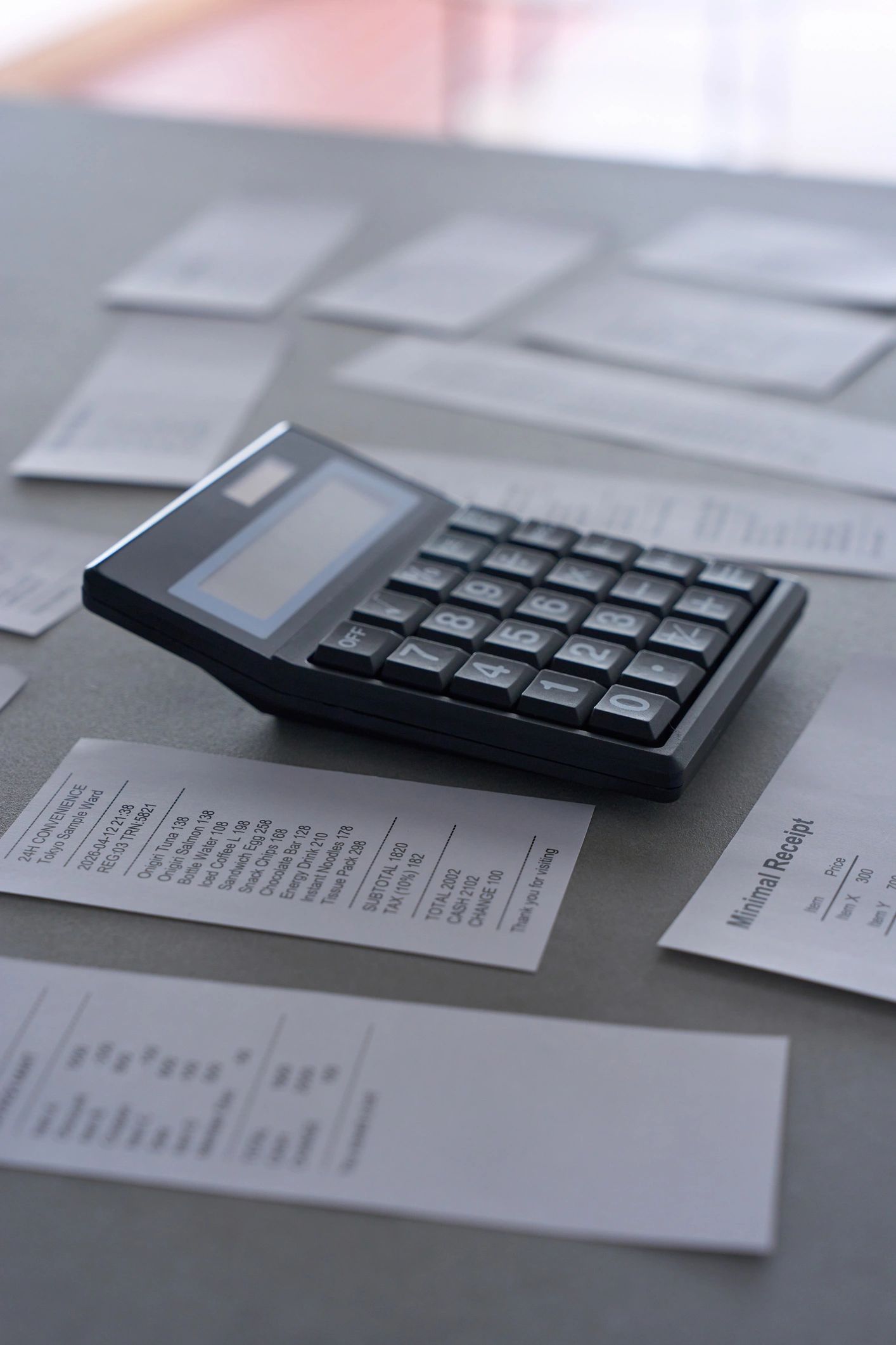 Calculator and payroll documents on a desk